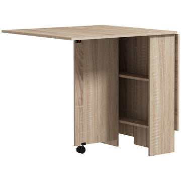 Folding Dining Table, Drop Leaf Table for Small Spaces with 2-tier Shelves, Small Kitchen Table with Rolling Casters, Natural