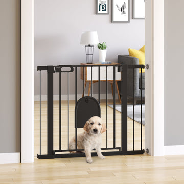 Dog Gate with Cat Flap Pet Safety Gate Barrier, Stair Pressure Fit, Auto Close, Double Locking, for Doorways, Hallways, 75-103 cm Black