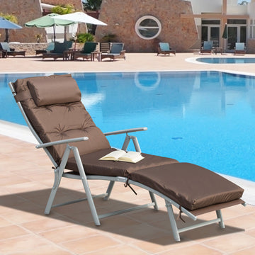Sun Lounger Steel Frame Outdoor Folding Chaise Texteline Lounge Chair Recliner with Headrest & 7 Levels Adjustable Backrest, Brown