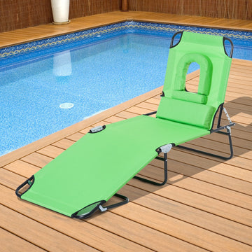 Outdoor Folding Sun Lounger with Face Hole, 4 Level Adjustable Backrest Reclining Garden Lounger, Garden Recliner Sunbed with 600 D Oxford Cloth Seat and Pillow for Beach, Green