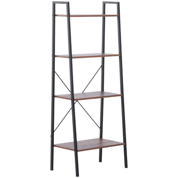 Bookcase 4-Tier Vintage Ladder Shelf with Wood Storage Rack, Stand Plants Display, Black and Brown