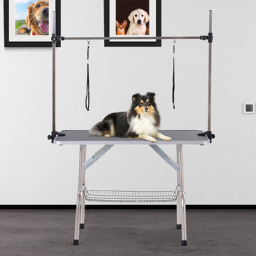 42" Dog Grooming Table, Adjustable Pet Cat Drying Beauty Table with 2 Loops Storage Basket, Rubber Top, Black
