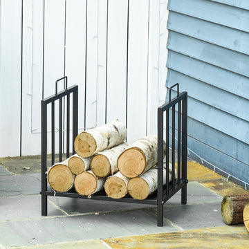Metal Firewood Log Holder Indoor Outdoor Firewood Rack Fireplace Wood Storage Shelf w/ Handles, Rust-Resistant, Black, 39L x 32.5W x 46Hcm