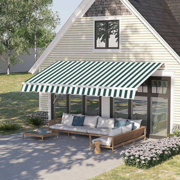 Manual Retractable Awning, size (3.5m x2.5m)-Dark Green/White Stripes