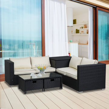 4 Pieces Rattan Garden Furniture Set, 4 Seater Corner Sofa Set with Storage Box, 2 Drawers Coffee Table, Loveseats with Cushions, Wicker Garden Conservatory Furniture for Balcony, Black