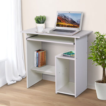 Compact Small Computer Table Wooden Desk Keyboard Tray Storage Shelf Modern Corner Table Home Office White