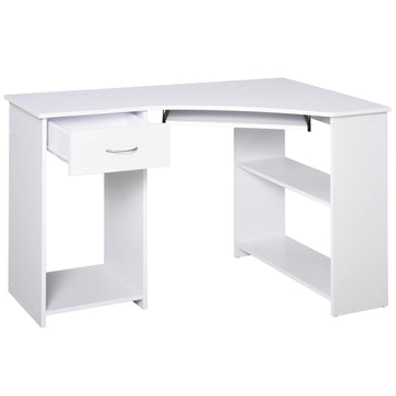 L-Shaped Corner Computer Desk w/ 2 Shelves Wide Worktop Keyboard Tray Drawer & CPU Stand Home Office Study Bedroom Furniture White