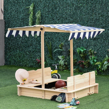 Kids Wooden Sand Pit with Lids Children Sandbox Height Adjustable Canopy for Garden, Convertible Bench Seat Outdoor Backyard Playset, Blue and White Canopy