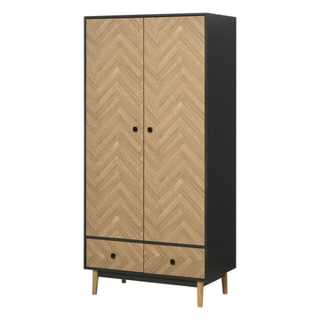 Modern Wardrobe Cabinet Wood Grain Sticker Surface with Shelf, Hanging Rod and 2 Drawers 90x50x190cm