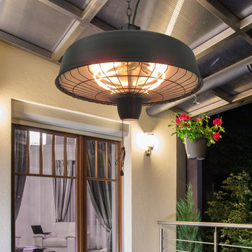 Adjustable Power 1000/2500W Infrared Halogen Electric Patio Light Heater, Ceiling Hanging Mount -Black