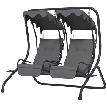 Two-Seat Garden Swing Chair, with Protective Canopy - Grey
