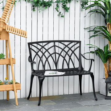 2-Seater Cast Aluminium Garden Bench Loveseat Outdoor Furniture Chair w/ Decorative Backrest & Ergonomic Armrest for Patio Terrace Porch
