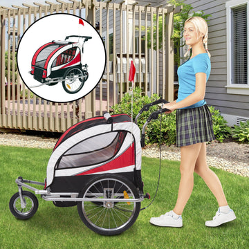 Baby Bike Trailer, Child Bicycle Trailer with 5 Point Harness, Steel Frame, Reflectors, Safety Flag, Hitch Coupler, Red