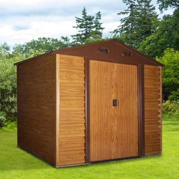 9 x 6ft Metal Garden Shed, House Hut Gardening Tool Storage with Ventilations, Sliding Door, Sloped Roof and Foundation Kit for Garden, Patio, Brown