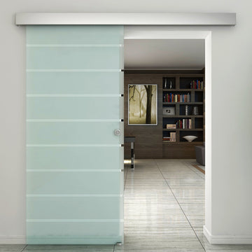 90cm Sliding Glass Door with Hardware Track Kit, Frosted Tempered Glass with Stripe Pattern, Round Handle