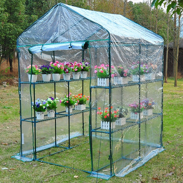 Walk in Greenhouse with 3-Tier 8 Shelves, Green House with Hemmed Cover, Roll-up Zipped Door, Steel Frame, 143 x 143 x 195cm
