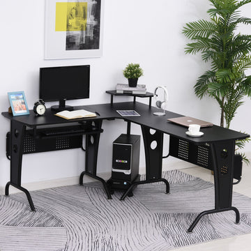 L-Shaped Corner Desk, Gaming Desk with CPU Rack, Keyboard Tray, Space-Saving Computer Desk with Steel Frame for Home Office,165 x 145 x 86.5cm, Black