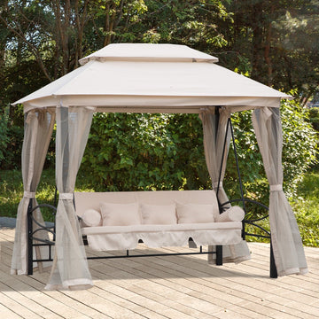 2-in-1 Convertible Gazebo Swing Chair Bed W/Netting, 245Lx165Wx243H cm-Beige/Black