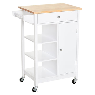 Kitchen Trolley, Kitchen Island on Wheels, w/ Wood Top, 3 Shelves and Storage Cupboard, White