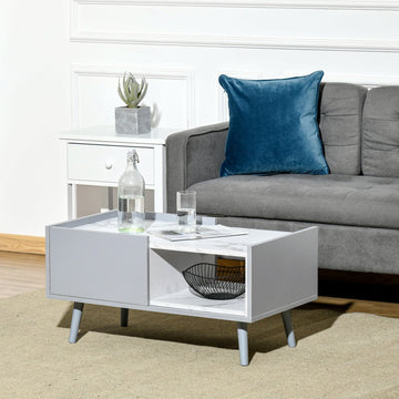White Coffee Table with Faux Marble Top, 2-Tier Wood Center Table Sofa Table with Storage Drawer and Shelf for Home Living Room Reception Room