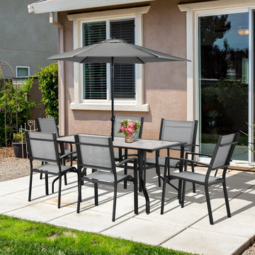 7 Pieces Garden Dining Set, 6 Seater Garden Table and Chairs with Parasol Hole, Outdoor Furniture Armchairs and Stone-like Plastic Top Table with Breathable Mesh Fabric Seat, Grey