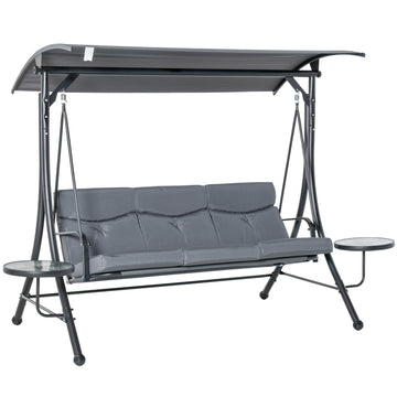 3 Seater Garden Swing Chair with Adjustable Canopy, Cushion and Coffee Tables for Outdoor Patio Garden Grey