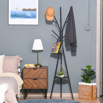 Freestanding Metal Coat Rack Stand 9 Hooks Clothes Tree with 1 Shelf Hat Display Hall Tree Hanger Bag Umbrella Hanging Organiser Black