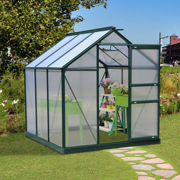 6 x 6ft Polycarbonate Greenhouse, Large Walk-In Green House with Slide Door and Window, Garden Plants Grow House with Aluminium Frame and Foundation, Dark Green