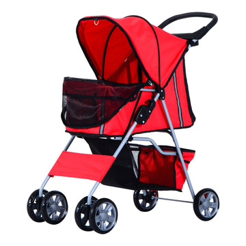 Pet Stroller for Small Miniature Dogs Cats Foldable Travel Carriage with Wheels Zipper Entry Cup Holder Storage Basket Red
