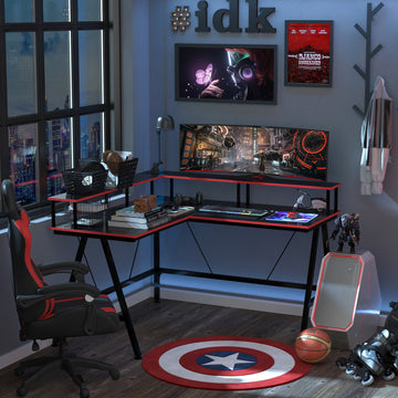 L Shaped Gaming Desk, Corner Computer Desk with Monitor Stand for Home Office, 140 x 130 x 93cm, Black and Red