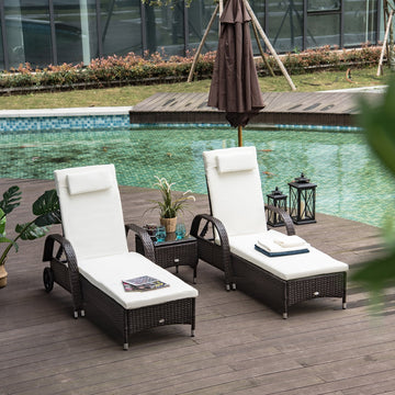 3 Pieces PE Rattan Patio Lounge Chair Set, Outdoor Recliner Lounge Chairs with Wheels, for Outside with Cushions, Headrest, Coffee Table for Garden, Poolside, Brown