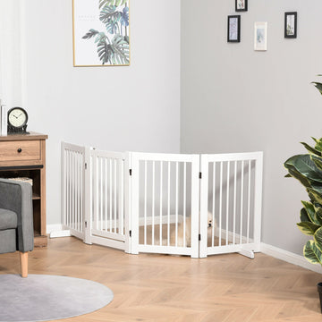 Freestanding Pet Gate 4 Panels Wooden Dog Safety Fence Foldable with Support Feet for Doorway Stairs 91cm Tall White