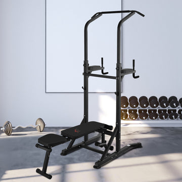 Pull Up Station with Adjustable Weight Bench, Dip Station and Barbell Rack, Multi-Function Power Tower Free Standing Pull Up Bar for Home Gym