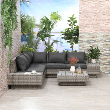 4 PCs Rattan Garden Furniture Outdoor Sectional Corner Sofa and Coffee Table Set Conservatory Wicker Weave Furniture with Armrest and Cushions - Light Grey
