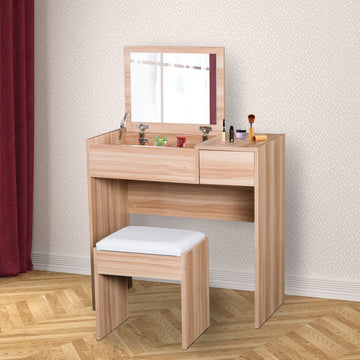 Makeup Desk with Drawer, Vanity Table Set with Flip-up Mirror and Cushioned Stool, Natural