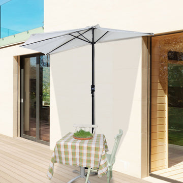 3(m) Half Parasol, Semi Round Umbrella with Metal Frame, Crank Handle for Balcony, Garden, Cream White
