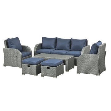 Six-piece Outdoor Rattan Dining Set, Outdoor Sofa Set with Reclining Armchairs and Mental Frame, Blue