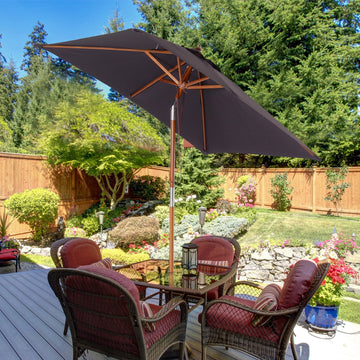 2m x 1.5m Garden Parasol Umbrella with Tilting Sunshade Canopy, Outdoor Market Table Umbrella with Wood and Bamboo Frame, Grey