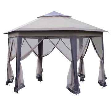 3 x 4m Garden Gazebo Hexagon Pop Up Gazebo Party Tent Canopy Double Roof Instant Shelter with Netting and Carry Bag for Outdoor Patio, Beige