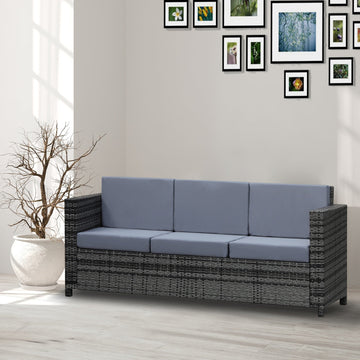 3 Seater All Weather Outdoor Sofa, Garden Rattan Sofa with Cushions and Mental Frame, Grey