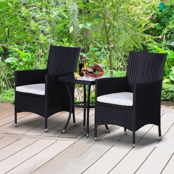 3 Pieces Rattan Bistro Set, Wicker Garden Furniture Set with 2-Tier Coffee Table and Chairs, Cushions, for Outdoor Patio Balcony, Black