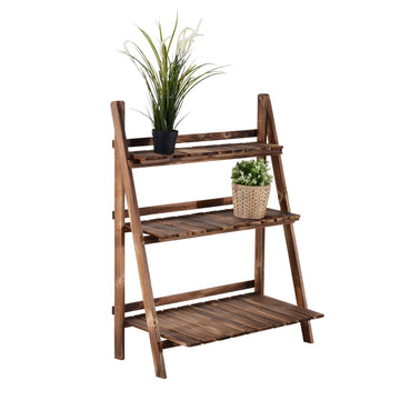 Wooden Folding Flower Pot Stand 3 Tier Garden Planter Display Ladder Gardener Storage Shelves Rack Herb Holder (80L x 37W x 93H cm)