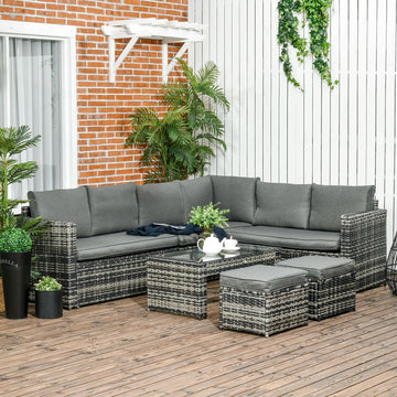 6 Piece Rattan Garden Furniture Set, 8-Seater Outdoor Sofa Sectional with 3 Cushioned Loveseat 2 Footstools Table Grey