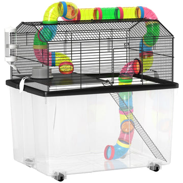 2 Tier Hamster Cage with 31cm Deep Tray, Tube System, Water Bottle, Ramp, Feeding Bowl, 58 x 43 x 57cm, Multicolour