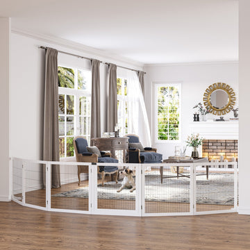 Wooden Pet Gate, Freestanding Dog Safety Barrier, w/ 2 Support Feet, White