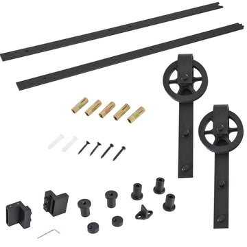 6.6 FT/ 2000mm Carbon Steel Sliding Barn Door Kits Hardware Closet Set Track System for Single Wooden Door Industrial Wheel Style Roller