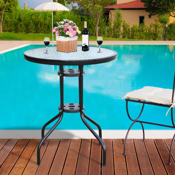 Bistro Coffee Table Outdoor Tempered Glass Top Table Garden Round Dining Table - 60cm Diameter