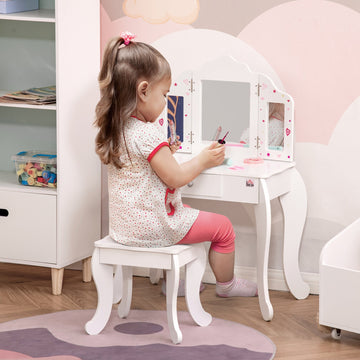 Kids Vanity Table & Stool Girls Dressing Set Make Up Desk Chair Dresser Play Set with Rotatable Mirrors Drawer Star & Heart Pattern White