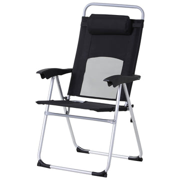 Folding Camping Chair, Patio Armchair, 3-Position Adjustable Recliner Reclining Seat with Pillow for Outdoor Garden - Black