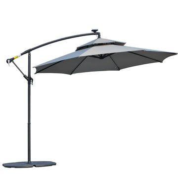 3(m) Cantilever Banana Parasol Hanging Umbrella with Double Roof, LED Solar lights, Crank, 8 Sturdy Ribs and Cross Base for Outdoor, Garden, Patio, Light Grey